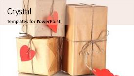  Presentation with labels - Presentation theme having three parcels with blank heart-shaped labels isolated on white background and a coral colored foreground