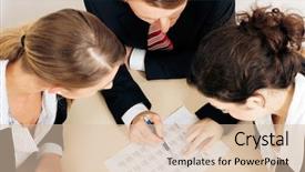  Presentation with group discussion - Colorful theme enhanced with three people discussion a business backdrop and a lemonade colored foreground