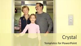  Presentation with elevator - Amazing PPT theme having three people in the elevator backdrop and a blonde colored foreground