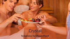  Presentation with people enjoying - Colorful slide deck enhanced with three people one male two female enjoying a hot sauna eating some fruits backdrop and a red colored foreground