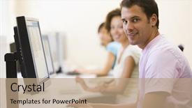  Presentation with computer room - Amazing PPT theme having three people sitting in computer room typing and smiling backdrop and a coral colored foreground