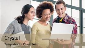  Presentation with team people hugging - PPT theme with three people watching a video background and a coral colored foreground