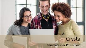  Presentation with young people in the club - Presentation theme with three people watching a video background and a  colored foreground