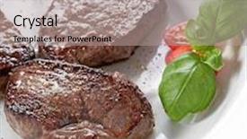  Presentation with white plate - Amazing PPT layouts having three-pieces-of-steak backdrop and a light gray colored foreground