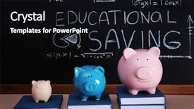  Presentation with piggy bank broken piggybank - PPT theme consisting of three piggy banks with books background and a wine colored foreground