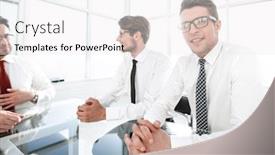  Presentation with employees - Cool new theme with three professional employees sitting at the office table backdrop and a white colored foreground