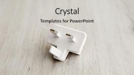  Presentation with electrical energy electric power lines - Slides featuring three pronged - electrical power adapter on wooden background and a light gray colored foreground