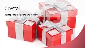  Presentation with red bow - Audience pleasing presentation theme consisting of three red gift boxes with silver ribbon and bow isolated on white background backdrop and a white colored foreground