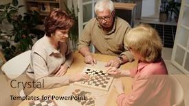  Presentation with three - PPT layouts featuring three-retired-friends-in-casualwear background and a coral colored foreground