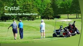  Presentation with golf cart on - Presentation enhanced with three senior men on golf background and a tawny brown colored foreground
