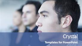  Presentation with business profile - Cool new PPT theme with three serious business people sitting backdrop and a ocean colored foreground