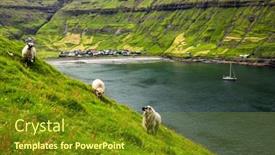 Presentation with village - PPT layouts having three-sheeps-near-tjornuvik-village background and a tawny brown colored foreground