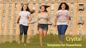  Presentation with green building - Amazing slides having three smiling girls run at green grass at background of multi-storey building backdrop and a tawny brown colored foreground