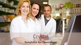  Presentation with five business people standing together and smiling - Beautiful PPT theme featuring three-smiling-pharmacists-stand-behind backdrop and a soft green colored foreground