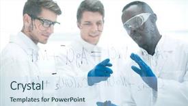  Presentation with survey results - PPT theme having three solutions - group of scientists discuss background and a sky blue colored foreground