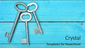  Presentation with key - Presentation design enhanced with three solutions - old key on wooden table background and a cyan colored foreground