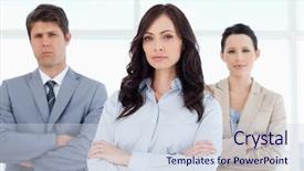  Presentation with three step - Amazing PPT layouts having three stern business people crossing backdrop and a sky blue colored foreground