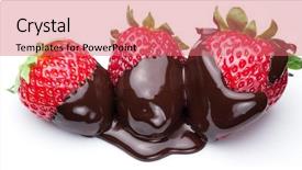  Presentation with white chocolate - Colorful PPT theme enhanced with three strawberries in chocolate fondue backdrop and a coral colored foreground