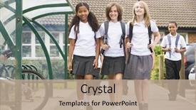  Presentation with students - Beautiful slides featuring three students leaving school backdrop and a coral colored foreground