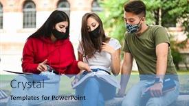  Presentation with students - Slide set featuring three-students-studying-together-sitting background and a teal colored foreground