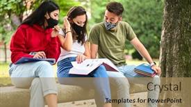  Presentation with masks - Presentation design with three-students-studying-together-sitting background and a coral colored foreground