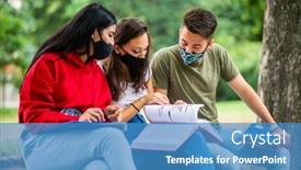  Presentation with masks - PPT theme with three-students-studying-together-sitting background and a teal colored foreground