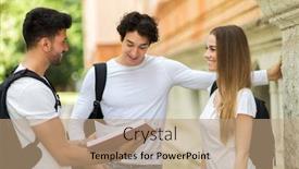  Presentation with college students - Amazing PPT theme having three students talking to each other outdoor in a college courtyard backdrop and a coral colored foreground