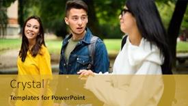  Presentation with college students - Slide set enhanced with three-students-talking-to-each background and a gold colored foreground