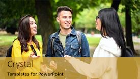  Presentation with college students - Presentation theme consisting of three-students-talking-to-each background and a yellow colored foreground