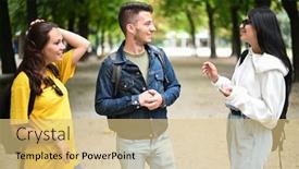  Presentation with college students - PPT theme having three-students-talking-to-each background and a yellow colored foreground