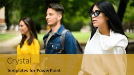  Presentation with college students - PPT layouts featuring three-students-talking-to-each background and a gold colored foreground