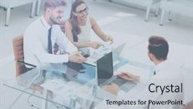  Presentation with successful person - Colorful slide deck enhanced with three successful business person working high view backdrop and a light blue colored foreground