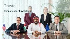  Presentation with foreign - Colorful PPT theme enhanced with three-successful-foreign-business-partners backdrop and a sky blue colored foreground