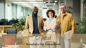  Presentation with green office - Presentation design consisting of three-successful-managers-or-brokers background and a coral colored foreground