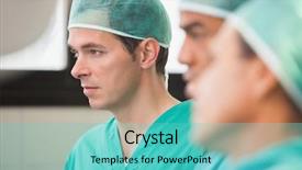  Presentation with healthcare workers - Audience pleasing presentation theme consisting of three surgeons in operating theatre backdrop and a seafoam green colored foreground