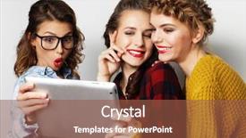  Presentation with teen girls - Amazing slide deck having three teen girls friends taking selfie with digital tablet backdrop and a tawny brown colored foreground