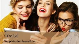  Presentation with teen girls - PPT theme featuring three teen girls friends taking selfie with digital tablet studio shot over gray background background and a coral colored foreground
