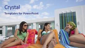  Presentation with teenage - Colorful PPT layouts enhanced with three-teenage-girls-lying backdrop and a light blue colored foreground