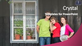  Presentation with teenagers - Slide set featuring three teenagers standing in front of wooden house background and a dark gray colored foreground