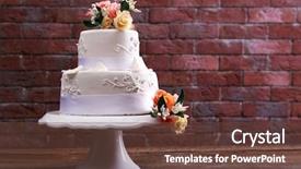  Presentation with slice of decorated cake - Beautiful presentation design featuring three tier - beautiful wedding cake decorated backdrop and a tawny brown colored foreground