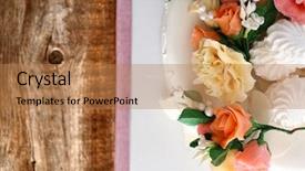  Presentation with slice of decorated cake - Amazing presentation theme having three tier - beautiful wedding cake decorated backdrop and a coral colored foreground