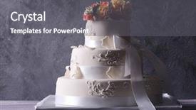  Presentation with slice of decorated cake - Beautiful PPT theme featuring three tier - wedding cake decorated with flowers backdrop and a  colored foreground