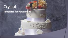  Presentation with slice of decorated cake - Presentation consisting of three tier - wedding cake decorated with flowers background and a gray colored foreground