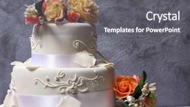  Presentation with slice of decorated cake - Audience pleasing presentation design consisting of three tier - white wedding cake decorated backdrop and a  colored foreground