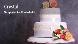  Presentation with slice of decorated cake - Cool new slides with three tier - white wedding cake decorated backdrop and a dark gray colored foreground
