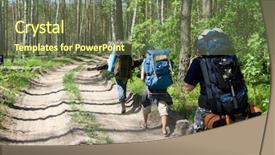  Presentation with tourists - PPT theme consisting of three tourists walking on the road at wood background and a tawny brown colored foreground