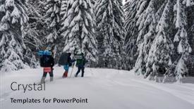  Presentation with time travel - Audience pleasing presentation theme consisting of three tourists with a backpacks in the snowy forest in winter time travel concept backdrop and a light gray colored foreground