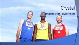  Presentation with athlete track or running track - Slide set enhanced with three track athletes with medals background and a sky blue colored foreground