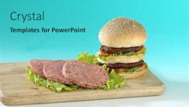  Presentation with eat - Cool new presentation theme with three-uncooked-ground-lamb-patties backdrop and a cyan colored foreground