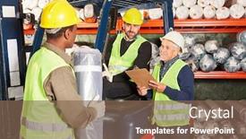  Presentation with order - Beautiful slide deck featuring three-warehouse-workers-work backdrop and a violet colored foreground